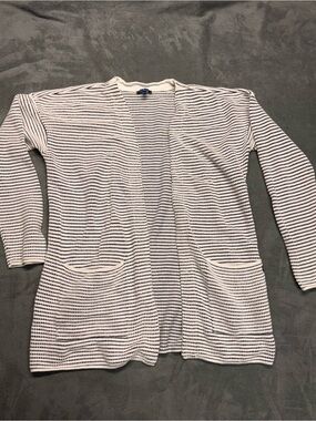 Lightweight Open-Front Stripe Cardigan - White & Navy